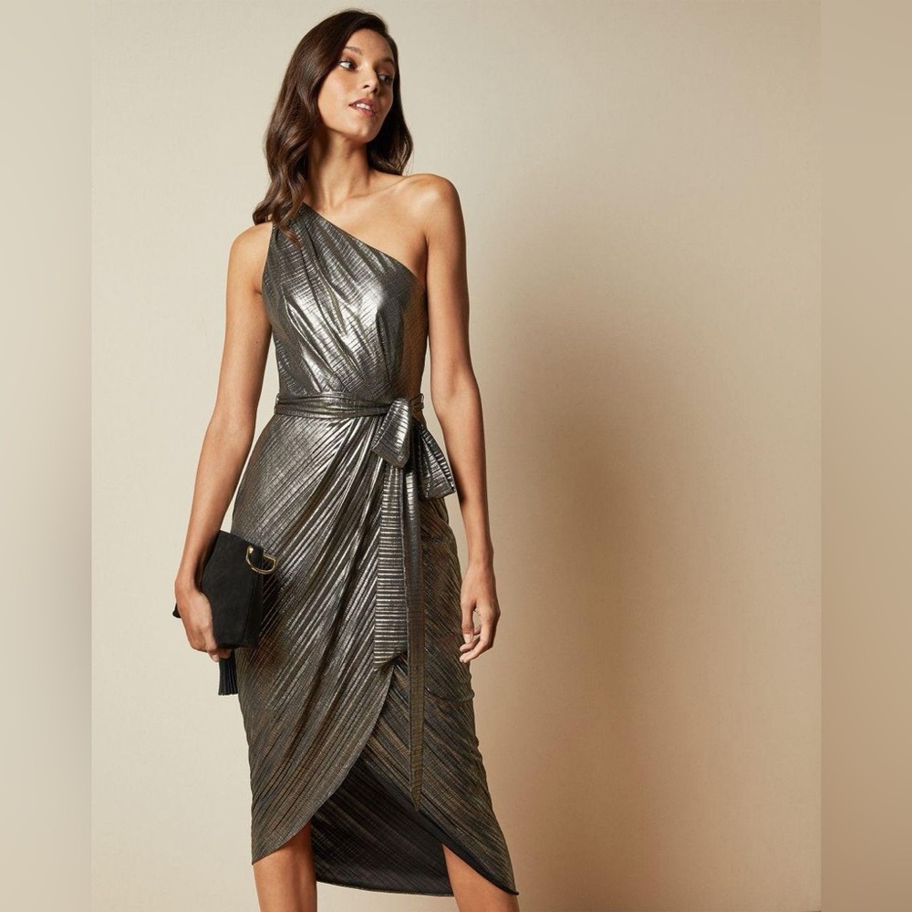 Ted Baker Gabria One-Shoulder Metallic Silver-Gold Midi Dress size US 6